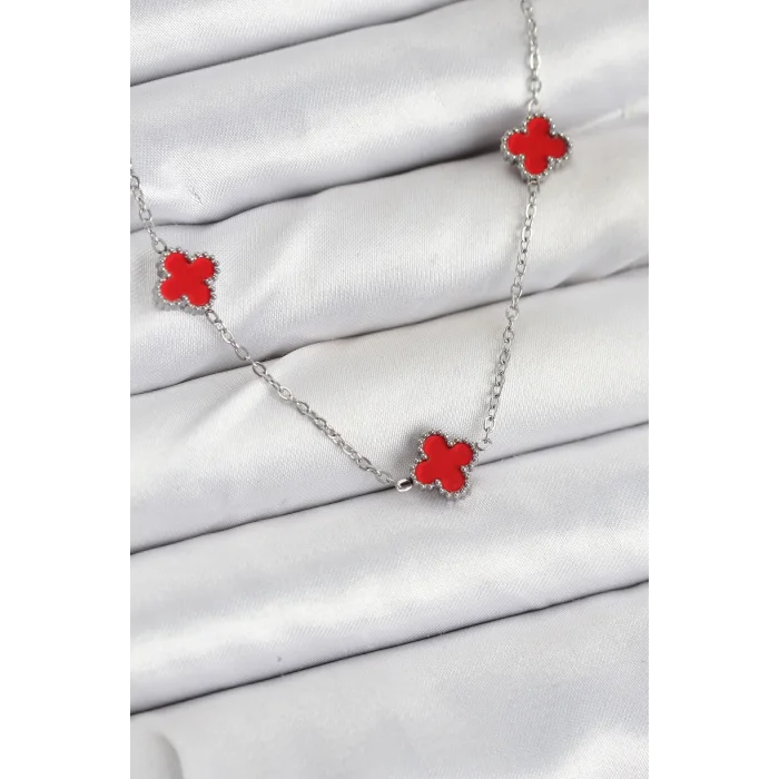 BUĞZ 316L Çelik Zincir Gümüş Renk Kırmızı Baby Boy Yonca Kadın Kolye