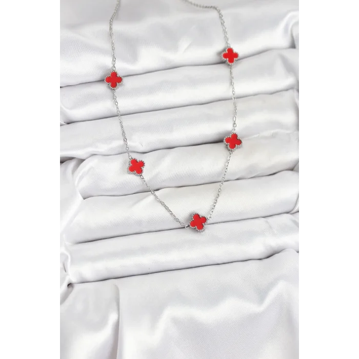 BUĞZ 316L Çelik Zincir Gümüş Renk Kırmızı Baby Boy Yonca Kadın Kolye