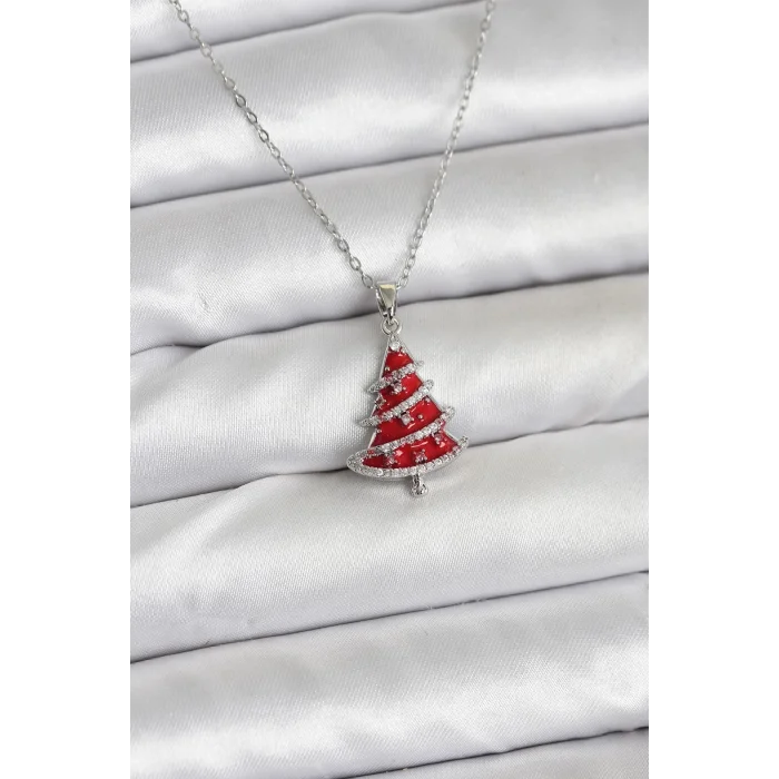 BUĞZ 316L Çelik Zincir Gümüş Renk Kırmızı Çam Ağacı Model Yılbaşı Temalı Kadın Kolye