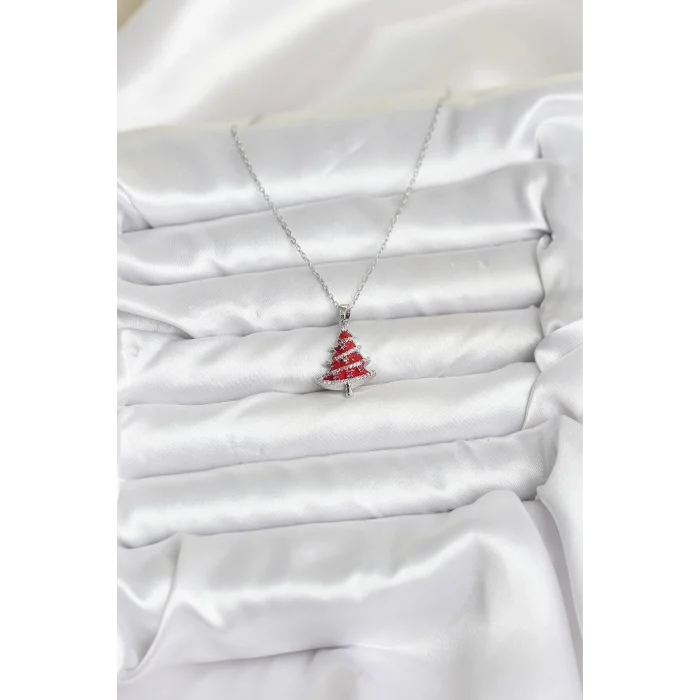 BUĞZ 316L Çelik Zincir Gümüş Renk Kırmızı Çam Ağacı Model Yılbaşı Temalı Kadın Kolye