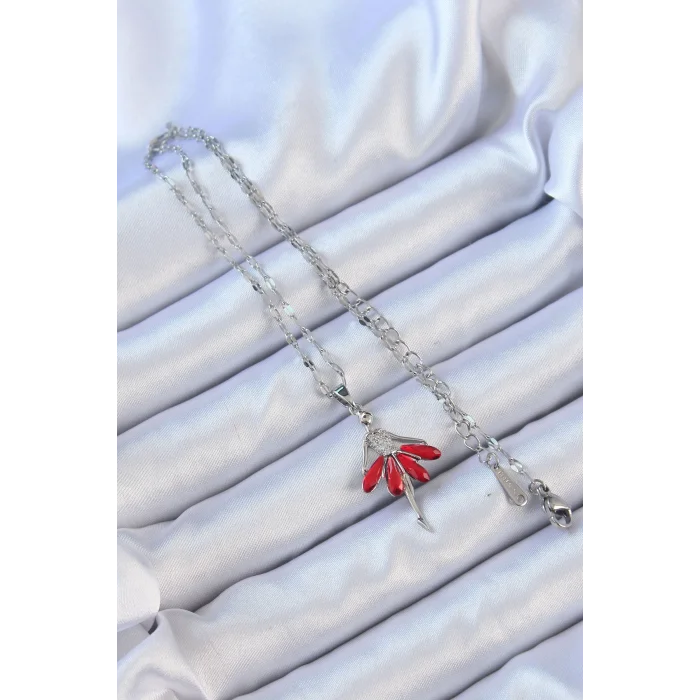 BUĞZ 316L Çelik Zincir Gümüş Renk Kırmızı Etekli Zirkon Taşlı Balerin Kolye - Lisinya
