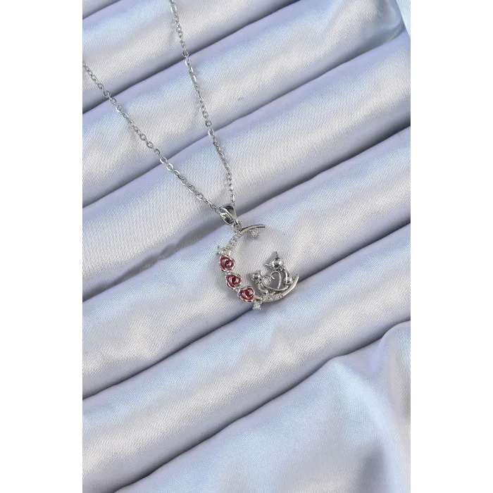 BUĞZ 316L Çelik Zincir Gümüş Renk Kırmızı Gül Detay Kedi Figür Zirkon Taşlı Ay Kolye