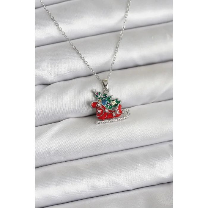 BUĞZ 316L Çelik Zincir Gümüş Renk Kızak ve Çam Ağacı Figürlü Yılbaşı Temalı Kadın Kolye