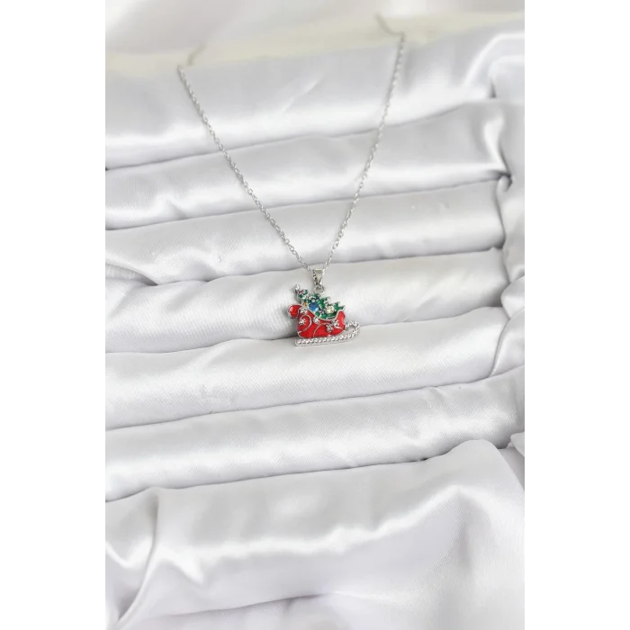 BUĞZ 316L Çelik Zincir Gümüş Renk Kızak ve Çam Ağacı Figürlü Yılbaşı Temalı Kadın Kolye