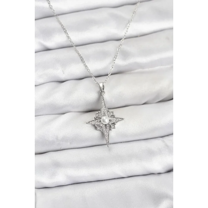 BUĞZ 316L Çelik Zincir Gümüş Renk Kutup Yıldızı Model Zirkon Taşlı Kadın Kolye