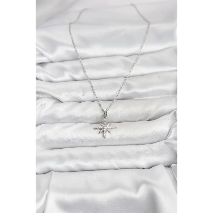 BUĞZ 316L Çelik Zincir Gümüş Renk Kutup Yıldızı Model Zirkon Taşlı Kadın Kolye