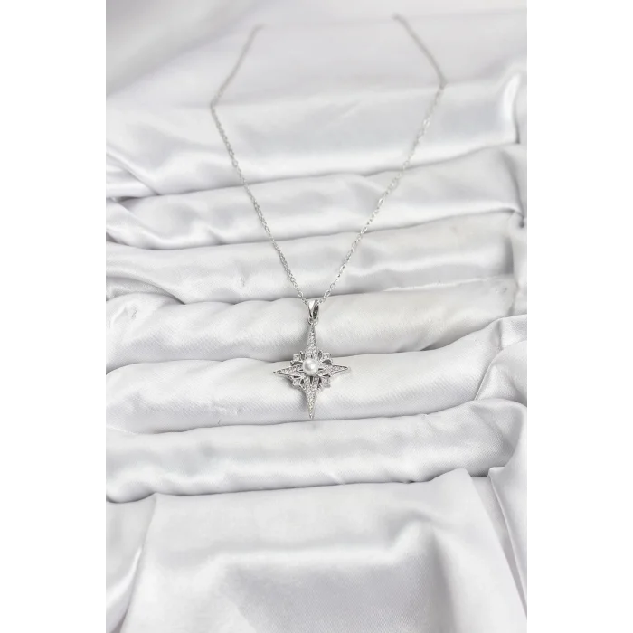 BUĞZ 316L Çelik Zincir Gümüş Renk Kutup Yıldızı Model Zirkon Taşlı Kadın Kolye