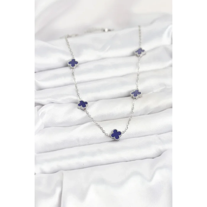 BUĞZ 316L Çelik Zincir Gümüş Renk Lacivert Baby Boy Yonca Kadın Kolye