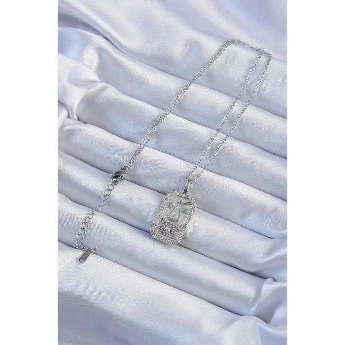 BUĞZ 316L Çelik Zincir Gümüş Renk Lila Zirkon Taşlı Tarot Kolye