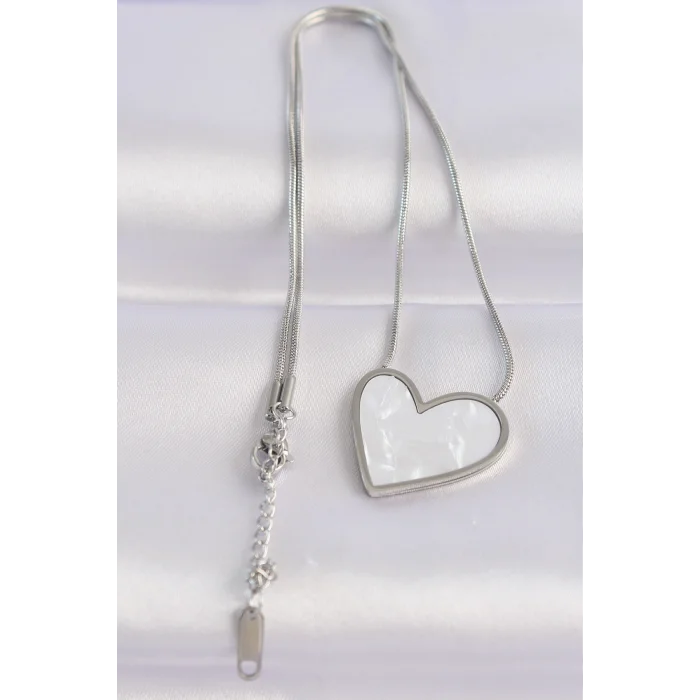 BUĞZ 316L Çelik Zincir Gümüş Renk Mermer Desenli Kalp Kolye - Lisinya