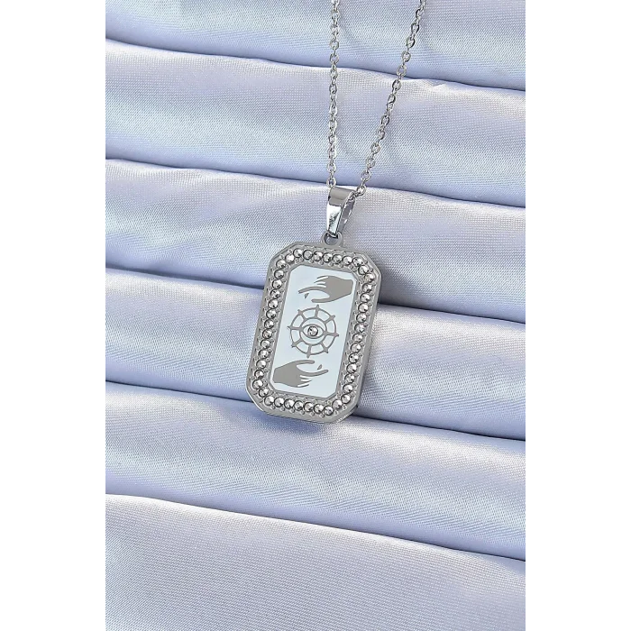 BUĞZ 316L Çelik Zincir Gümüş Renk Mineli Zirkon Taşlı Göz Figür Tarot Kolye