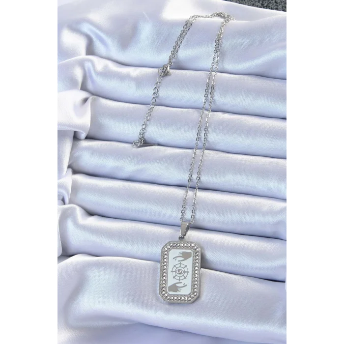 BUĞZ 316L Çelik Zincir Gümüş Renk Mineli Zirkon Taşlı Göz Figür Tarot Kolye