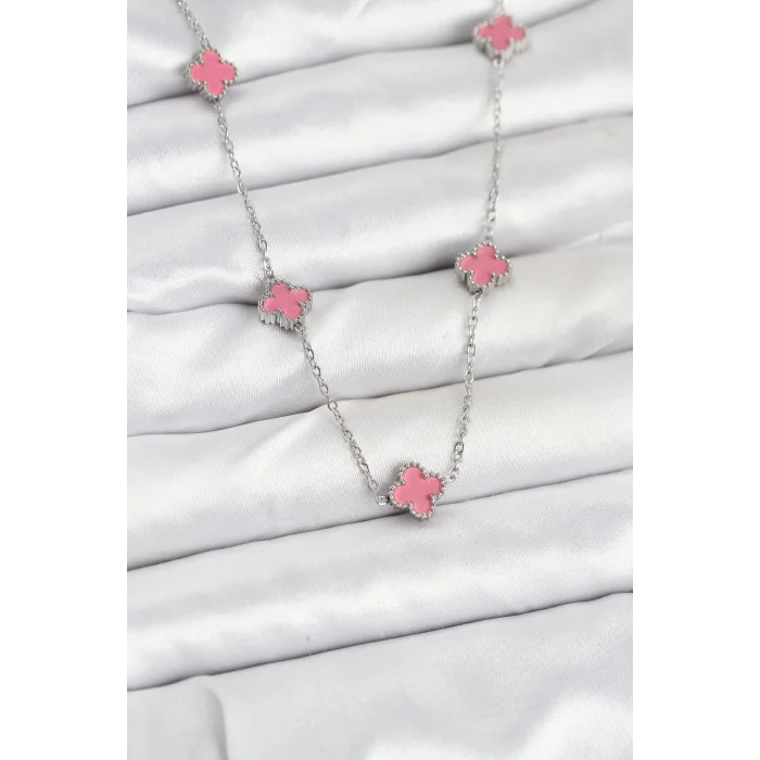 BUĞZ 316L Çelik Zincir Gümüş Renk Pembe Baby Boy Yonca Kadın Kolye