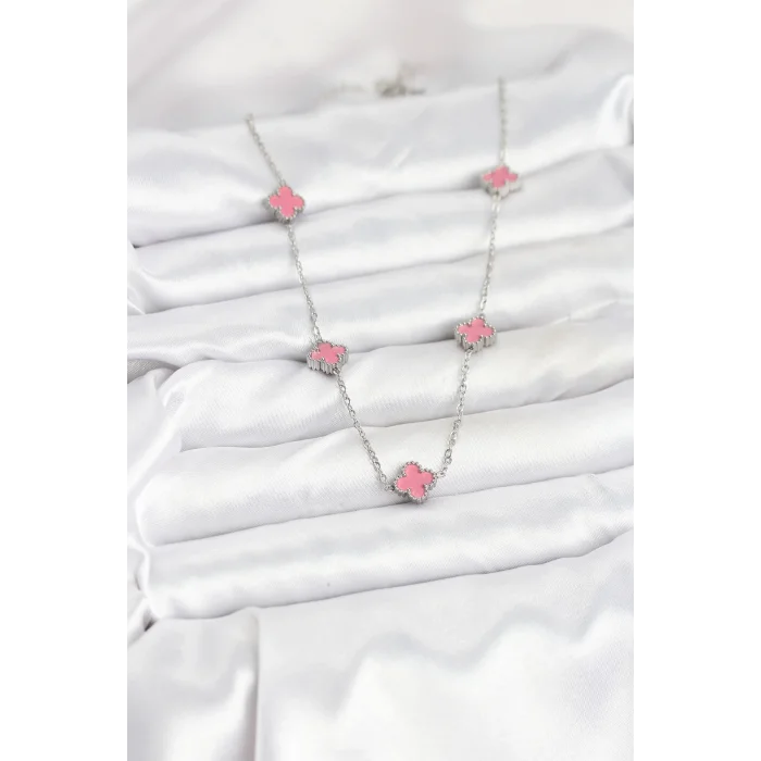 BUĞZ 316L Çelik Zincir Gümüş Renk Pembe Baby Boy Yonca Kadın Kolye