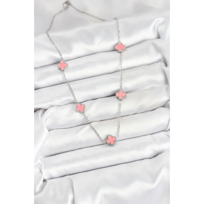 BUĞZ 316L Çelik Zincir Gümüş Renk Pembe Baby Boy Yonca Kadın Kolye