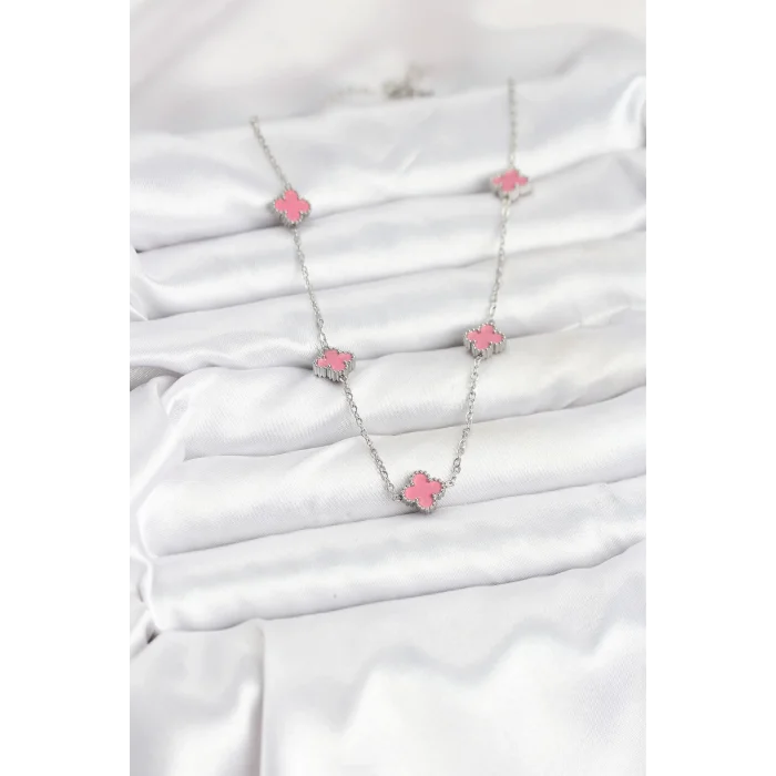 BUĞZ 316L Çelik Zincir Gümüş Renk Pembe Baby Boy Yonca Kadın Kolye - Lisinya