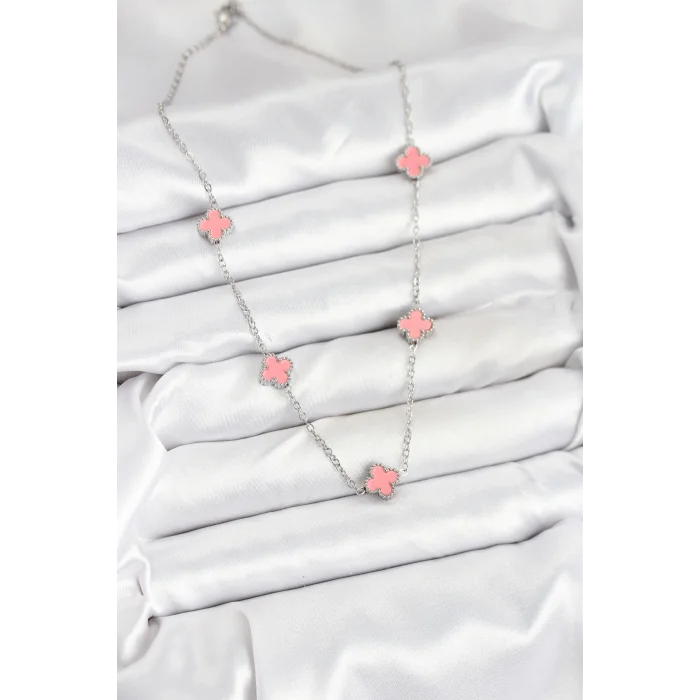 BUĞZ 316L Çelik Zincir Gümüş Renk Pembe Baby Boy Yonca Kadın Kolye - Lisinya