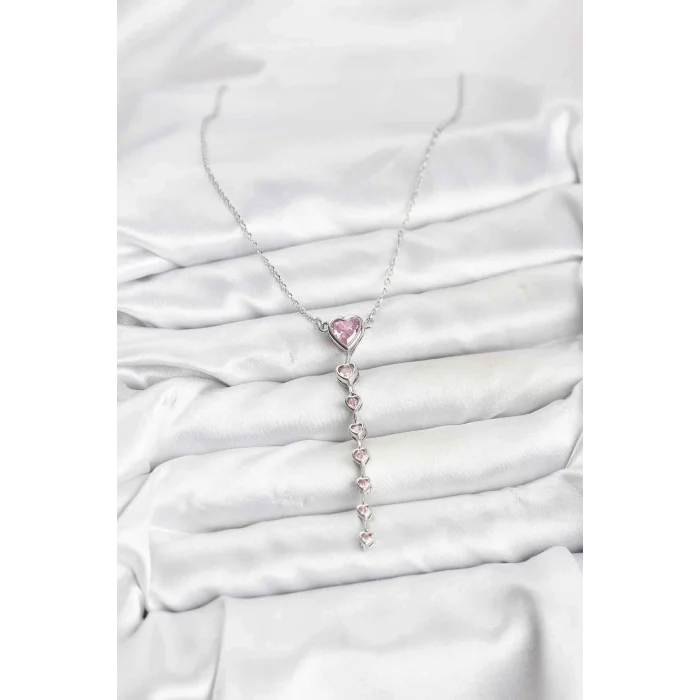 BUĞZ 316L Çelik Zincir Gümüş Renk Pembe Kalp Kadın Kolye