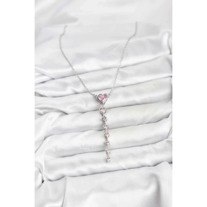 BUĞZ 316L Çelik Zincir Gümüş Renk Pembe Kalp Kadın Kolye - Lisinya