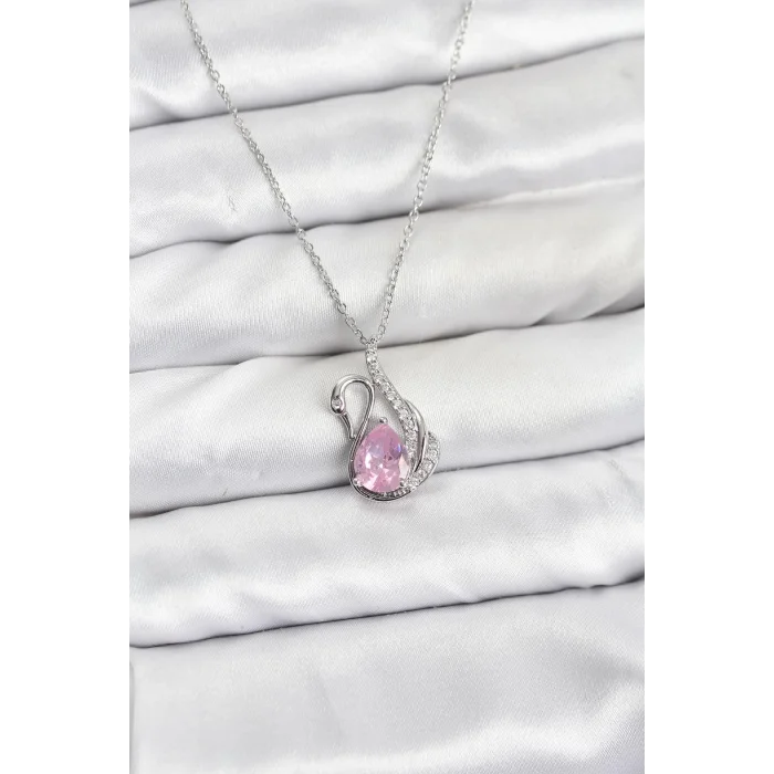 BUĞZ 316L Çelik Zincir Gümüş Renk Pembe Kuğu Model Zirkon Taşlı Kadın Kolye