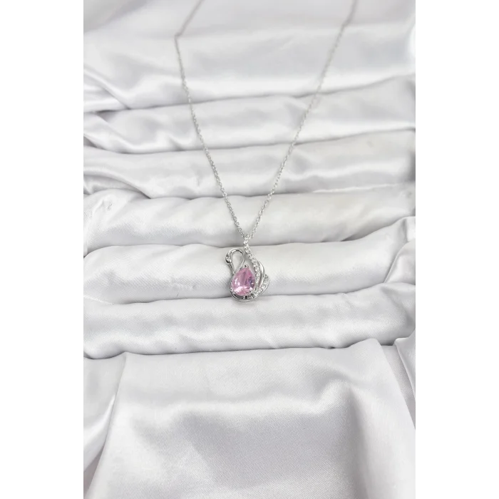 BUĞZ 316L Çelik Zincir Gümüş Renk Pembe Kuğu Model Zirkon Taşlı Kadın Kolye