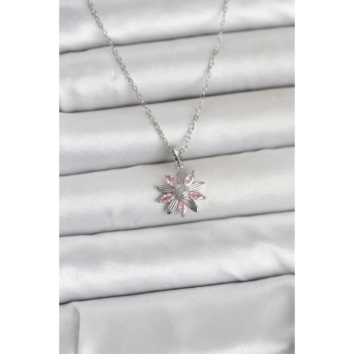 BUĞZ 316L Çelik Zincir Gümüş Renk Pembe Papatya Model Kadın Kolye