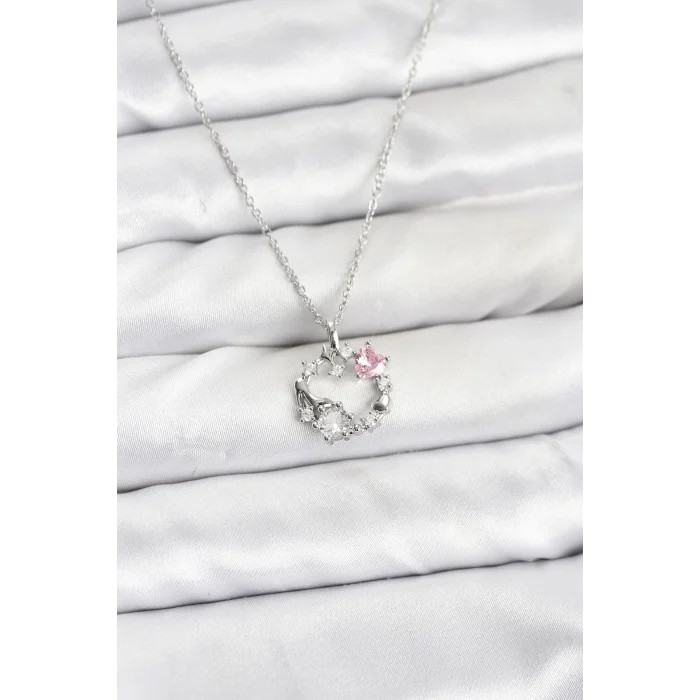 BUĞZ 316L Çelik Zincir Gümüş Renk Pembe Taş Detaylı Çelenk Model Kadın Kolye