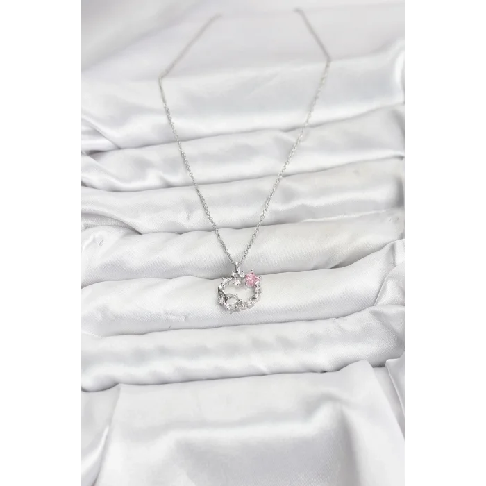 BUĞZ 316L Çelik Zincir Gümüş Renk Pembe Taş Detaylı Çelenk Model Kadın Kolye