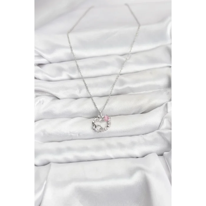 BUĞZ 316L Çelik Zincir Gümüş Renk Pembe Taş Detaylı Çelenk Model Kadın Kolye - BUĞZ