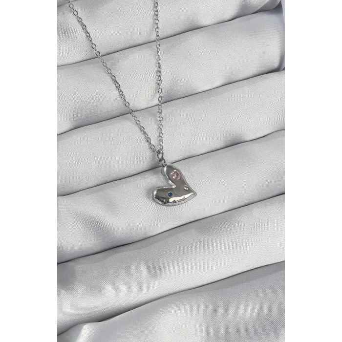 BUĞZ 316L Çelik Zincir Gümüş Renk Renkli Zirkon Taşlı Kalp Kolye
