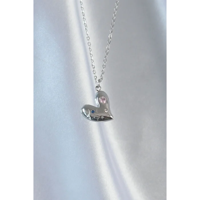 BUĞZ 316L Çelik Zincir Gümüş Renk Renkli Zirkon Taşlı Kalp Kolye