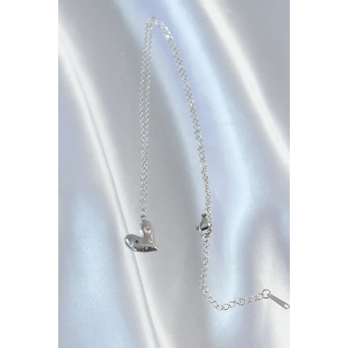 BUĞZ 316L Çelik Zincir Gümüş Renk Renkli Zirkon Taşlı Kalp Kolye - Lisinya