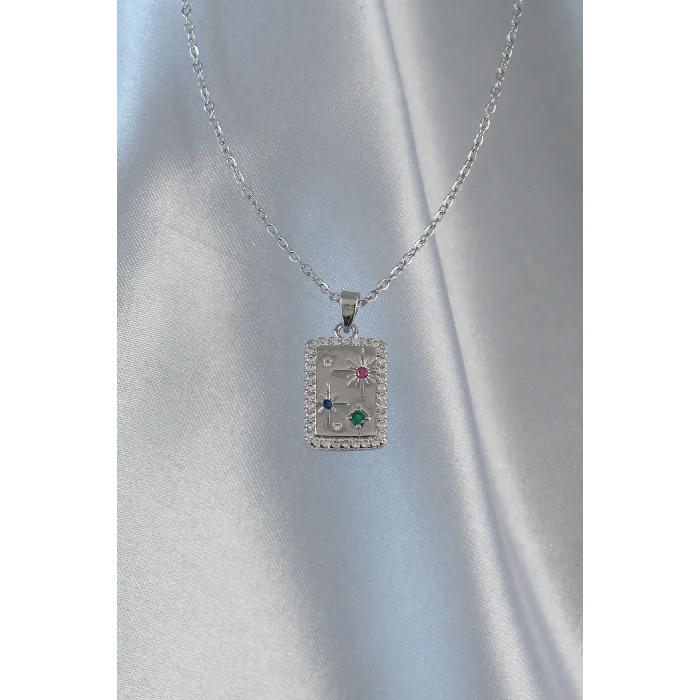 BUĞZ 316L Çelik Zincir Gümüş Renk Renkli Zirkon Taşlı Vintage Kolye - Lisinya