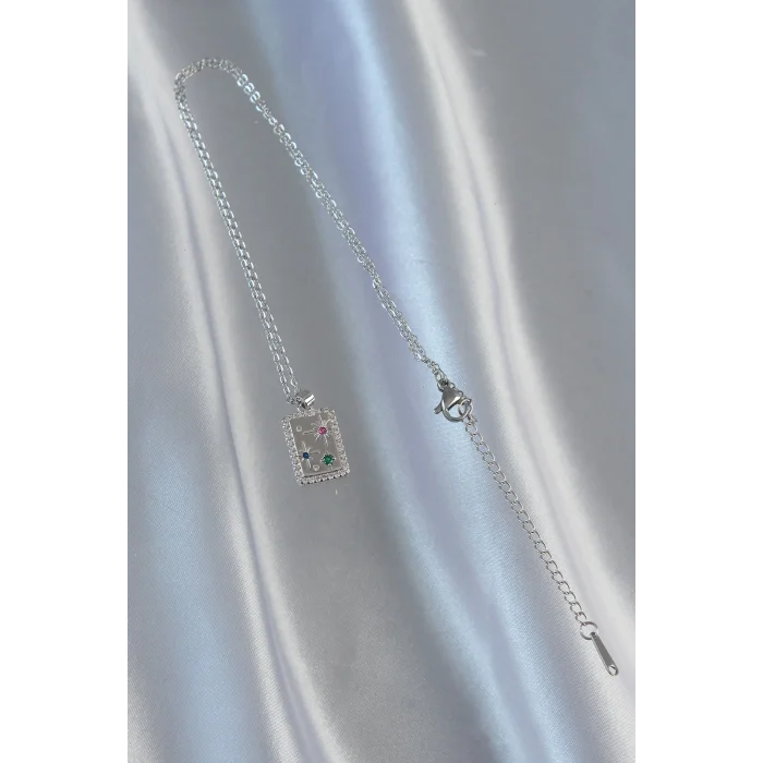 BUĞZ 316L Çelik Zincir Gümüş Renk Renkli Zirkon Taşlı Vintage Kolye - Lisinya