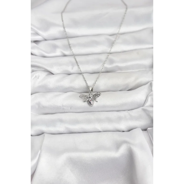 BUĞZ 316L Çelik Zincir Gümüş Renk Sinek Model Zirkon Taşlı Kadın Kolye