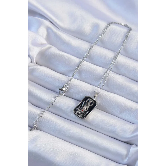 BUĞZ 316L Çelik Zincir Gümüş Renk Siyah Mineli Tarot Kolye - Lisinya