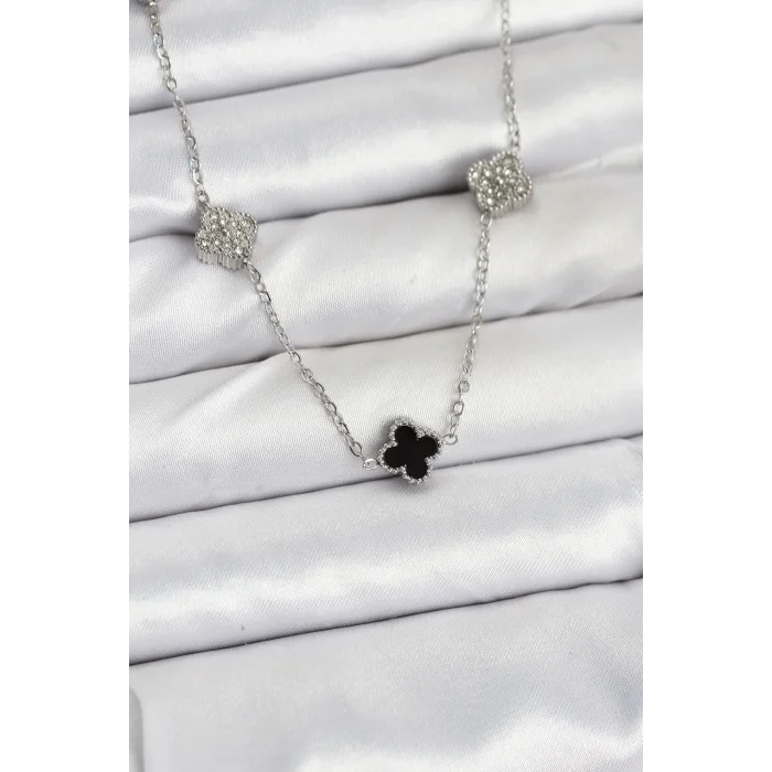 BUĞZ 316L Çelik Zincir Gümüş Renk Siyah ve Zirkon Taşlı Baby Boy Yonca Kadın Kolye