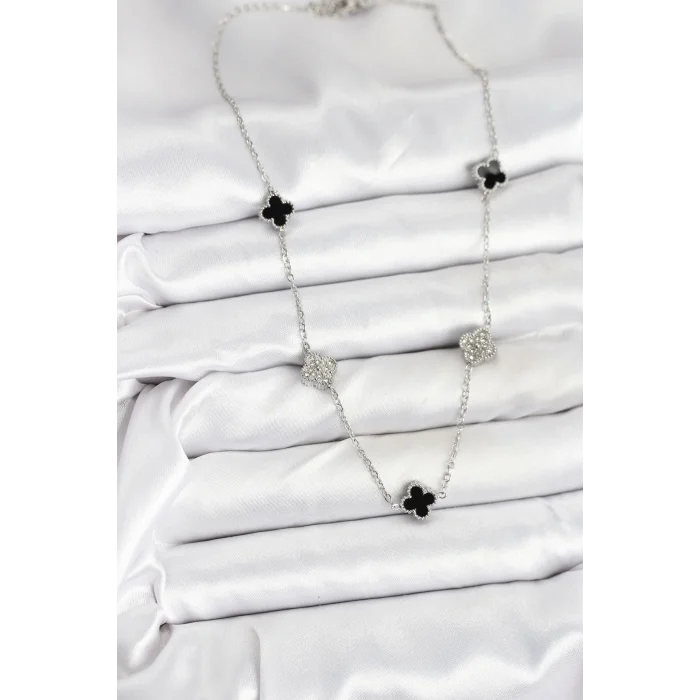 BUĞZ 316L Çelik Zincir Gümüş Renk Siyah ve Zirkon Taşlı Baby Boy Yonca Kadın Kolye - Lisinya