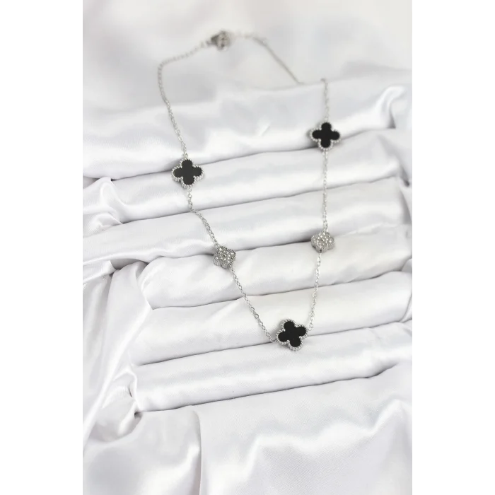 BUĞZ 316L Çelik Zincir Gümüş Renk Siyah ve Zirkon Taşlı Yonca Kadın Kolye