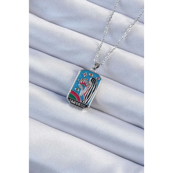 BUĞZ 316L Çelik Zincir Gümüş Renk Taç ve Kız Figürlü Renkli Mineli Tarot Kolye