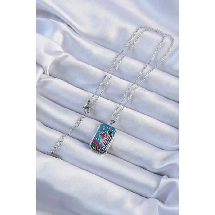 BUĞZ 316L Çelik Zincir Gümüş Renk Taç ve Kız Figürlü Renkli Mineli Tarot Kolye