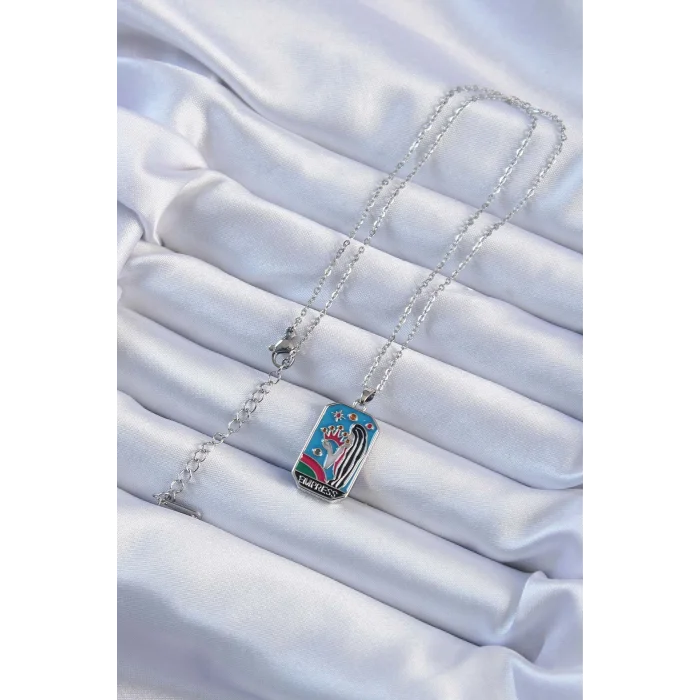 BUĞZ 316L Çelik Zincir Gümüş Renk Taç ve Kız Figürlü Renkli Mineli Tarot Kolye - Lisinya
