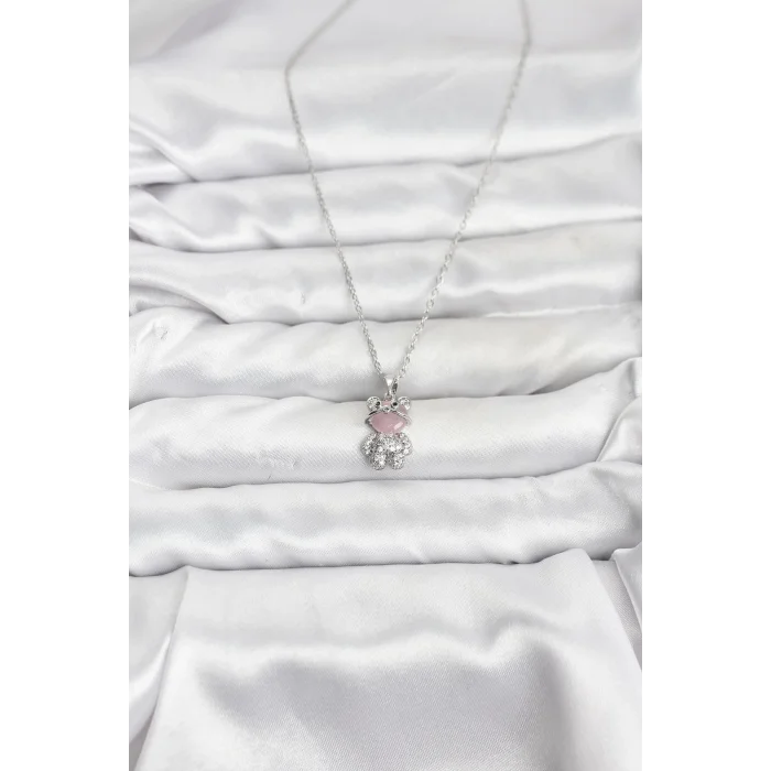 BUĞZ 316L Çelik Zincir Gümüş Renk Teddy Bear Model Zirkon Taşlı Kadın Kolye