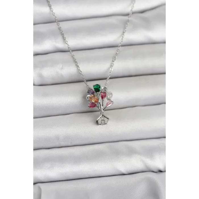 BUĞZ 316L Çelik Zincir Gümüş Renk Uçan Balon Ev Figür Kadın Kolye