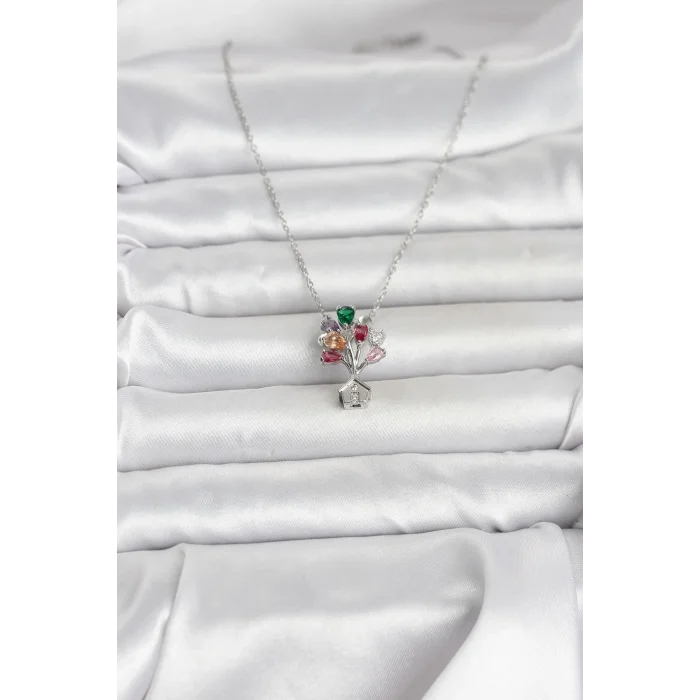 BUĞZ 316L Çelik Zincir Gümüş Renk Uçan Balon Ev Figür Kadın Kolye