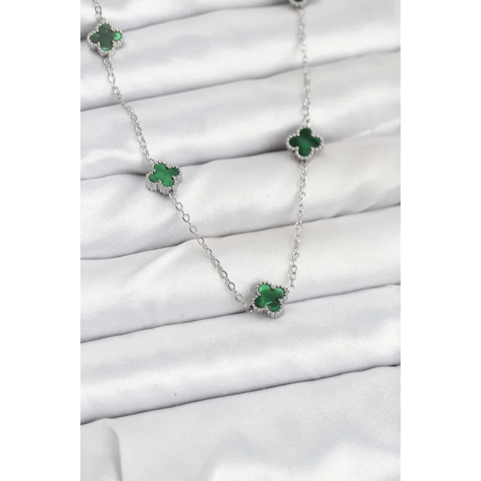 BUĞZ 316L Çelik Zincir Gümüş Renk Yeşil Baby Boy Yonca Kadın Kolye