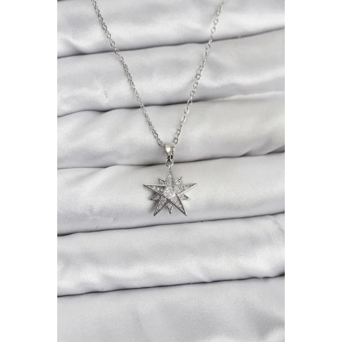 BUĞZ 316L Çelik Zincir Gümüş Renk Yıldız Model Zirkon Taşlı Kadın Kolye