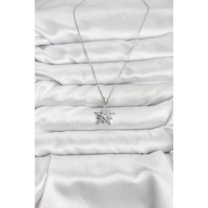 BUĞZ 316L Çelik Zincir Gümüş Renk Yıldız Model Zirkon Taşlı Kadın Kolye
