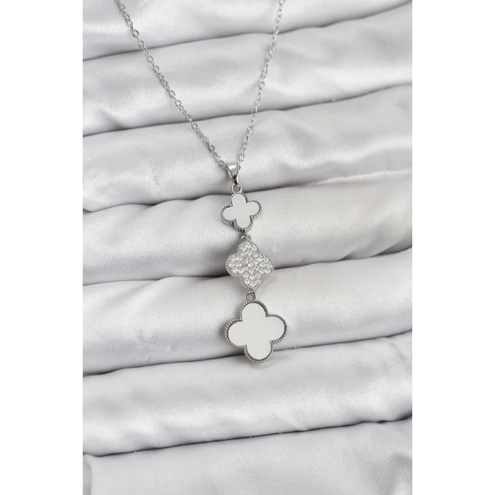 BUĞZ 316L Çelik Zincir Gümüş Renk Yonca Detaylı Zirkon Taşlı Kadın Kolye