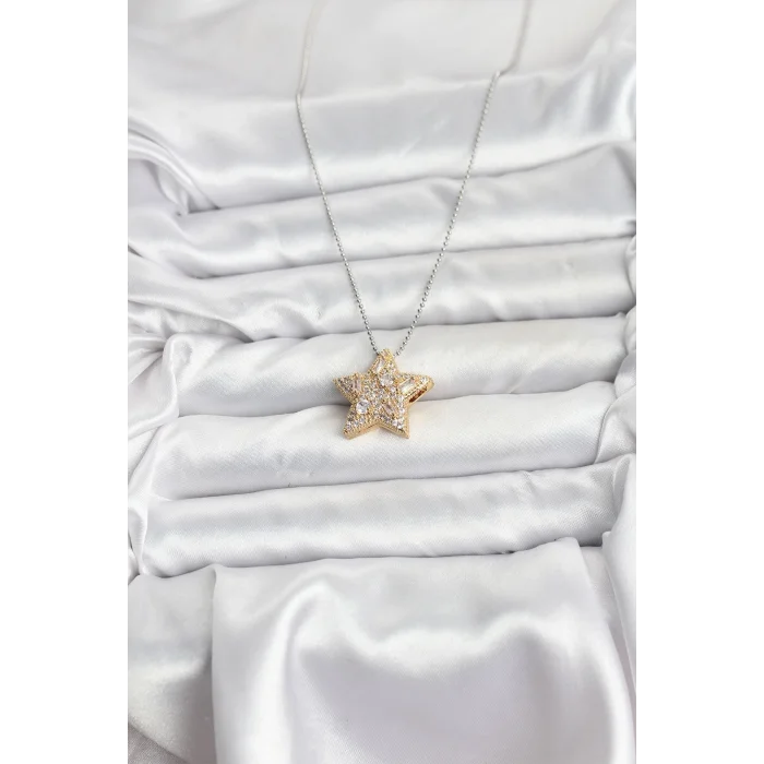 BUĞZ 316L Çelik Zincir Gümüş Renk Zincirli Gold Yıldız Model Kadın Kolye